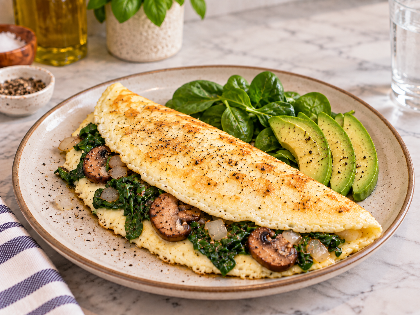 Omelette de claras con espinaca y champiñones: receta FIT alta en proteína